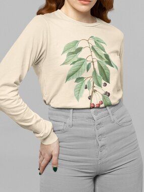 Wild Cherry Vintage Botanical Print Long Sleeve Graphic Tee T-shirt S-XXL